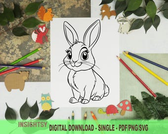 Cute Animal Coloring Pages for Kids | Simple Rabbit Printable Coloring Sheet | PDF, PNG, SVG Digital Download | Single