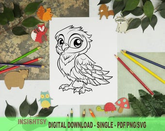 Cute Animal Coloring Pages for Kids | Simple Hawk Printable Coloring Sheet | PDF, PNG, SVG Digital Download | Single