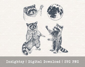 Raccoon Moon Illustration Digital Download Vector File Ready Print Black White Graphic Design Tshirt Art Woodland Creature Drawing Simple