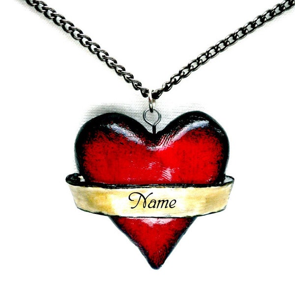 Old School Tattoo in 3D Custom Name Heart Necklace w\/ Chain Classic Retro Charm Love Red Gold Banner pop punk corazon