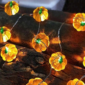 Op de afbeelding: Een slinger van pompoenvormige lampjes met oranje en groene details. De lampjes zijn geregen aan een dunne zilverkleurige draad en zijn verlicht, waardoor een warme gloed ontstaat. De lampjes zijn geplaatst op een donker, getextureerd oppervlak.