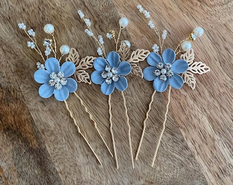 Haarspelden bruiloft, haarspeld bladgoud en parel, haarspelden bruid, haarspelden bruidsmeisje, blauw bruilofthaarstuk, bruidshaaraccessoires