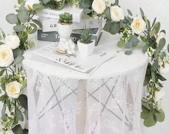 Artificial Eucalyptus Garland with White Roses, Artificial Flower Garland, Wedding Table Decor, Christmas Decor