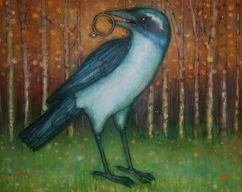 Scrub Jay with a Diamond Ring no.82 ORIGINAL mixed media bird art painting on cradled birch 10 x 10