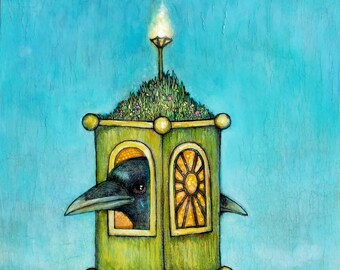Ornate Green Floating Crow House ORIGINAL bird art mixed media ink and acrylic painting 12 x 16