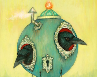 Mysterious Rococo Floating Crow House ORIGINAL bird art mixed media ink and acrylic painting 16 x 20