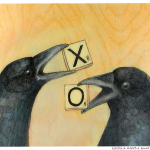 Two Crows Hold Scrabble Tiles in their Beaks X and O Bird Art PRINT no. 28 C-print 8 x 10