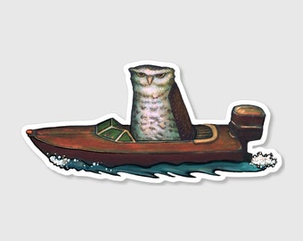 Nefarious Burrowing Owl in an Old Wooden Motorboat Vinyl Die-Cut Sticker