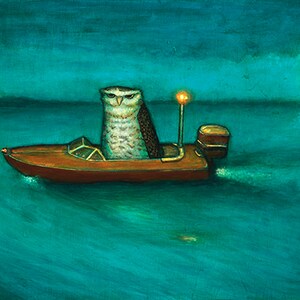 May include: An owl in a small wooden boat on teal water under a dark teal sky. The owl is facing forward, with a stern expression. A lightning bolt flashes in the distance. A small light is on the boat.