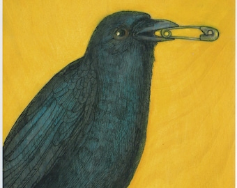 Crow Holds a Safety Pin in its Beak 8 x 8 Crow Art PRINT no. 42 C-print