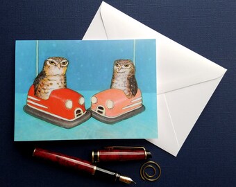 Burrowing Owls in Bumper Cars Greeting Card Blank Notecard with Envelope 4 x 6