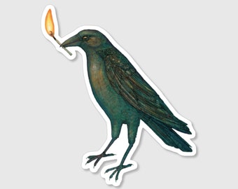 Crow With A Lit Match In Its Beak Glossy Vinyl Die-Cut Sticker