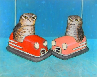 Burrowing Owls in Bumper Cars ORIGINAL mixed media bird painting