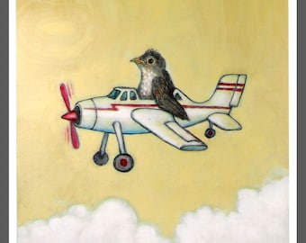 Baby Robin Stuffed into a Toy Airplane No. 15 Bird Art PRINT