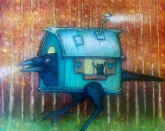 Raven Baba Yaga with a Black Kitten Passenger No. 81 ORIGINAL Mixed Media Bird Art Painting on Cradled Birch 10 x 10
