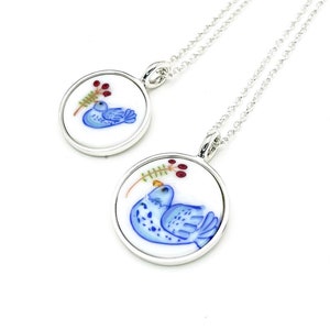 BLUE DOVE Collector murine pendant coin mosaic silver glass chain peace image 1