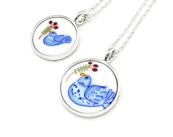 BLUE DOVE Collector murine pendant coin mosaic silver glass chain peace
