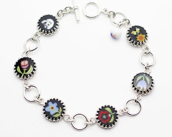 FOLK ART FLOWER  botanical murine Bracelet poppy sunflower forget me not tulip bell scull