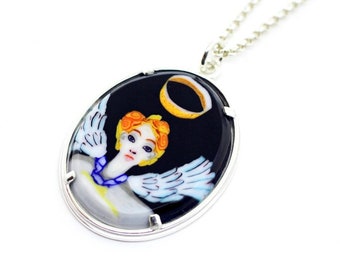 ANGEL collector murrine slice/coin miniature glass mosaic millefiori pendant set in sterling silver