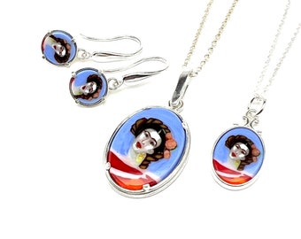 Collector FRIDA KAHLO glass murine pendant earrings coin mosaic miniature silver