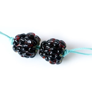 May include: Two black glass beads shaped like blackberries, strung on a turquoise cord.