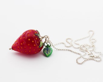 Strawberry and a leaf necklace, sterling silver chain