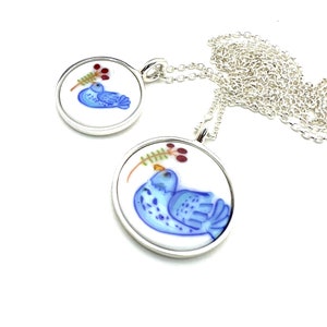 BLUE DOVE Collector murine pendant coin mosaic silver glass chain peace image 2