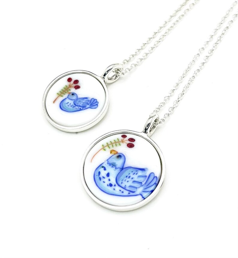 BLUE DOVE Collector murine pendant coin mosaic silver glass chain peace image 1