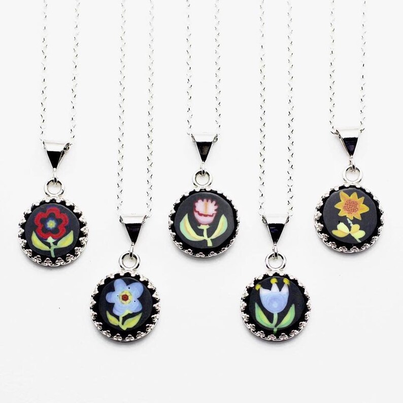 FOLK ART FLOWER botanical murine pendant poppy sunflower forget me not tulip bell image 1