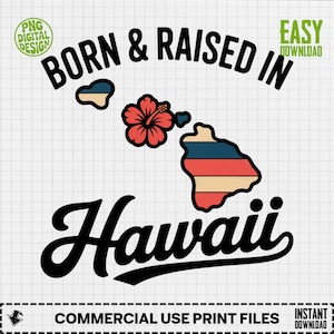 Könnte beinhalten: Ein digitales Design mit dem Text "BORN & RAISED IN Hawaii" in Schwarz, das eine Karte von Hawaii mit einem rot, blau und beige Farbschema und eine rote Hibiskusblüte zeigt. Enthält "COMMERCIAL USE PRINT FILES".