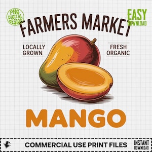 Könnte beinhalten: Ein digitales Design für einen Bauernmarkt mit einer Mango und einer aufgeschnittenen Hälfte. Das Design enthält den Text "Farmers Market", "Locally Grown", "Fresh Organic" und "Mango". Das Design ist für den kommerziellen Gebrauch verfügbar.