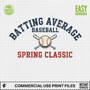 Könnte beinhalten: Ein digitales Design mit dem Text "BATTING AVERAGE BASEBALL SPRING CLASSIC" in Marineblau und Kastanienbraun. Eine Baseball- und gekreuzte Schläger-Grafik befindet sich in der Mitte. Das Design enthält den Text "PNG DIGITAL DESIGN" und "EASY DOWNLOAD".