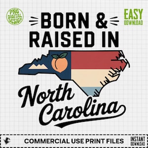 North Carolina Digital, Born Raised NC, Peach State Design, NC Flag Art, State Pride, North Carolina Clipart, NC Home Decor