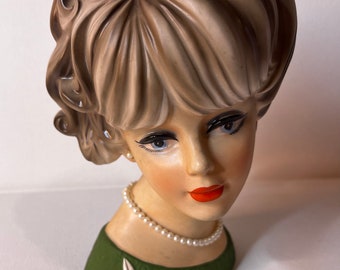 Vintage Napco Ware Lady Head Vase 7.5" Blonde Hair Green Dress