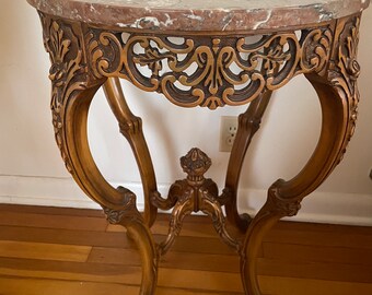 French style Louis XV carved walnut side table with marble top.