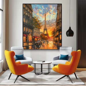 Peinture à l'huile : Vue de la Tour Eiffel depuis une rue latérale à Paris, avec le coucher de soleil - Téléchargement numérique