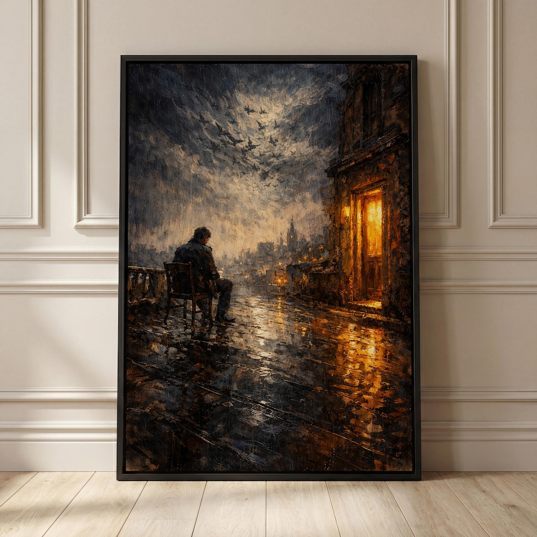 Rainy Night City Oil Painting Moody Urban Wall Art Cinematic Street ...