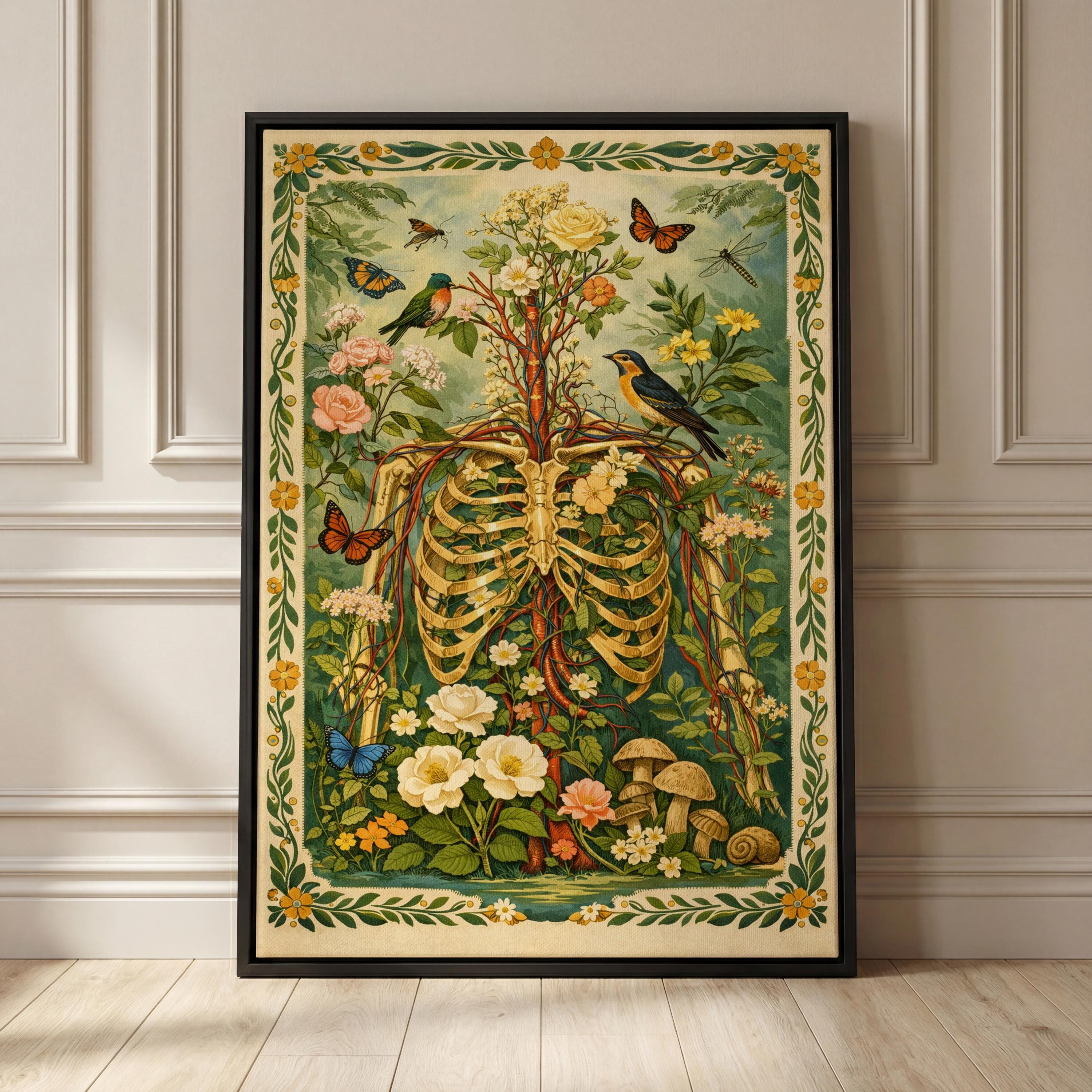 Botanical Anatomy Poster, Human Skeleton With Flowers & Birds, Vintage ...