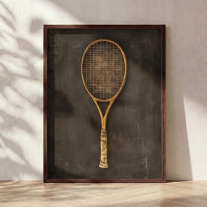 Vintage Tennis Racket Art Dark Academia Decor Sports History Print Old Money Aesthetic Man Cave Poster Framed Canvas Wall Art Print