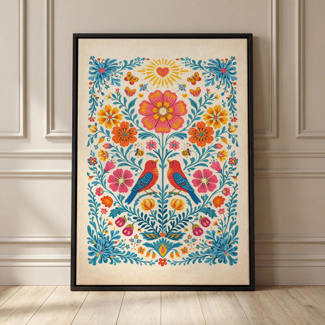 Vintage Mexican Folk Art Floral Poster With Birds, Colorful Latin ...