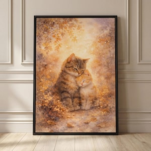 Peut inclure: Peinture à l'aquarelle encadrée représentant deux chats enlacés. L'un est un tabby rayé brun et gris, l'autre de couleur orange clair. L'arrière-plan présente des couleurs automnales chaudes et du feuillage.
