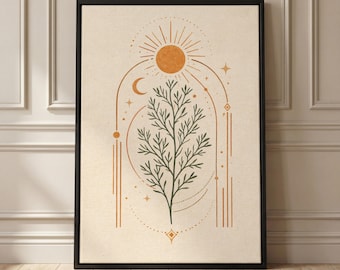 May include: Framed art print with a botanical and celestial design. It features a green tree, a sun, a crescent moon, and geometric shapes in orange and brown hues on a beige backdrop. The artwork is presented within a black frame.