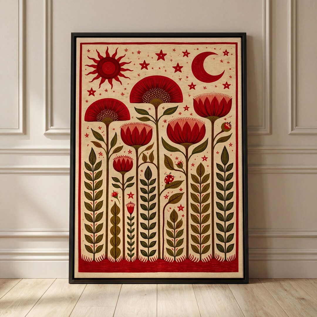 Red Floral Sun and Moon – Folk Style Botanical Wall Art With Celestial ...