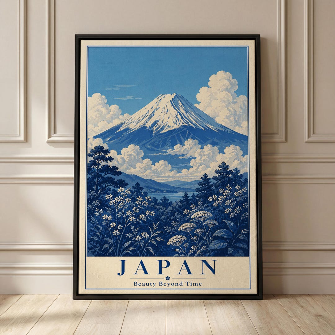 Japan Travel Poster Mount Fuji Wall Art Vintage Japan Decor Blue ...
