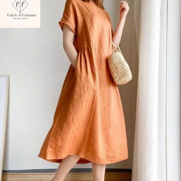 Summer Jacquard Dress Cotton dresses Orange Casual Solid Chic O-Neck Short Sleeve Loose Pullover Women's Dress Midi dress loose robes
