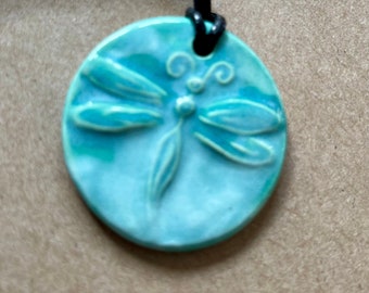 Handmade Ceramic Dragonfly Pendant in Aqua Glaze- Yoga Jewelry - Mindfulness Meditation Jewelry -Aromatherapy Diffuser