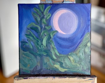 New Moon over Fir Forest - Original 8 by 8 Oil  Painting - New Moon Nature Spiritual Inspired Painting - Mystical Forest Art