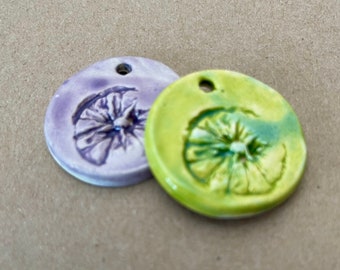 2 Handmade Ceramic Pendants - Large Rustic Stoneware Focal Beads with Impressed Seed Design - Earthy Stoneware - Handmade Pottery Charms