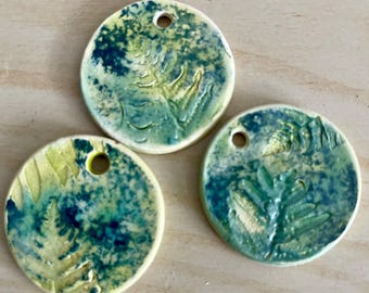 3 Fern Pendants - Handmade Ceramic Leaf Focal Beads - Hand Pressed Forest Themed Jewelry Supplies