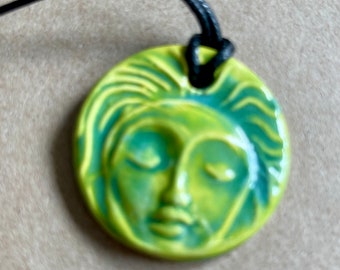 Handmade Ceramic Pendant with a Meditaion Face - Blessingway Gift - Yoga Jewelry - Winter Solstice Gift - Aromatherapy Diffuser